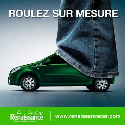 “Roulez sur mesure” poster: a leg in jeans wears a green car like a shoe
